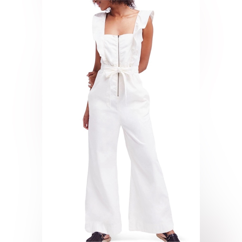 Free People Sun Valley Wide-Leg Jumpsuit w/Ruffles in Ivory White Size 12 - Picture 3 of 16